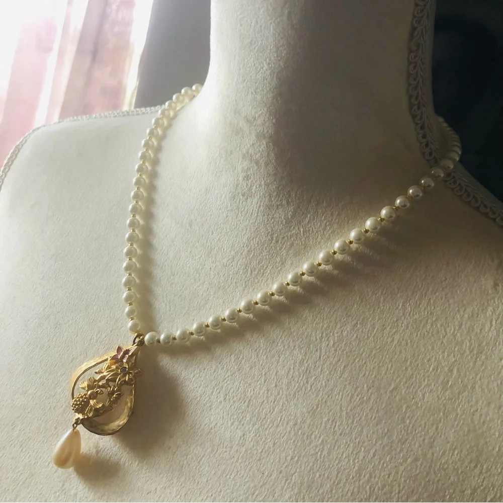 Handcrafted repurpose hammered gold floral pendant Czech glass Pearl necklace